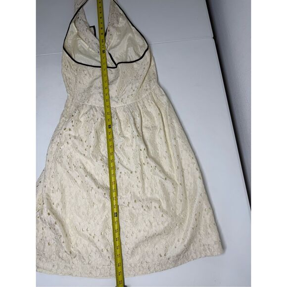 Anthropologie Eyelet Halter Silk Ivory Dress Black Trim  Sz 6 See Description - Picture 6 of 8